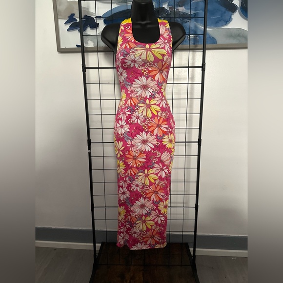 Pink Floral Cut Out Yellow Self Tie Back Closure Midi Dress - Picture 9 of 15